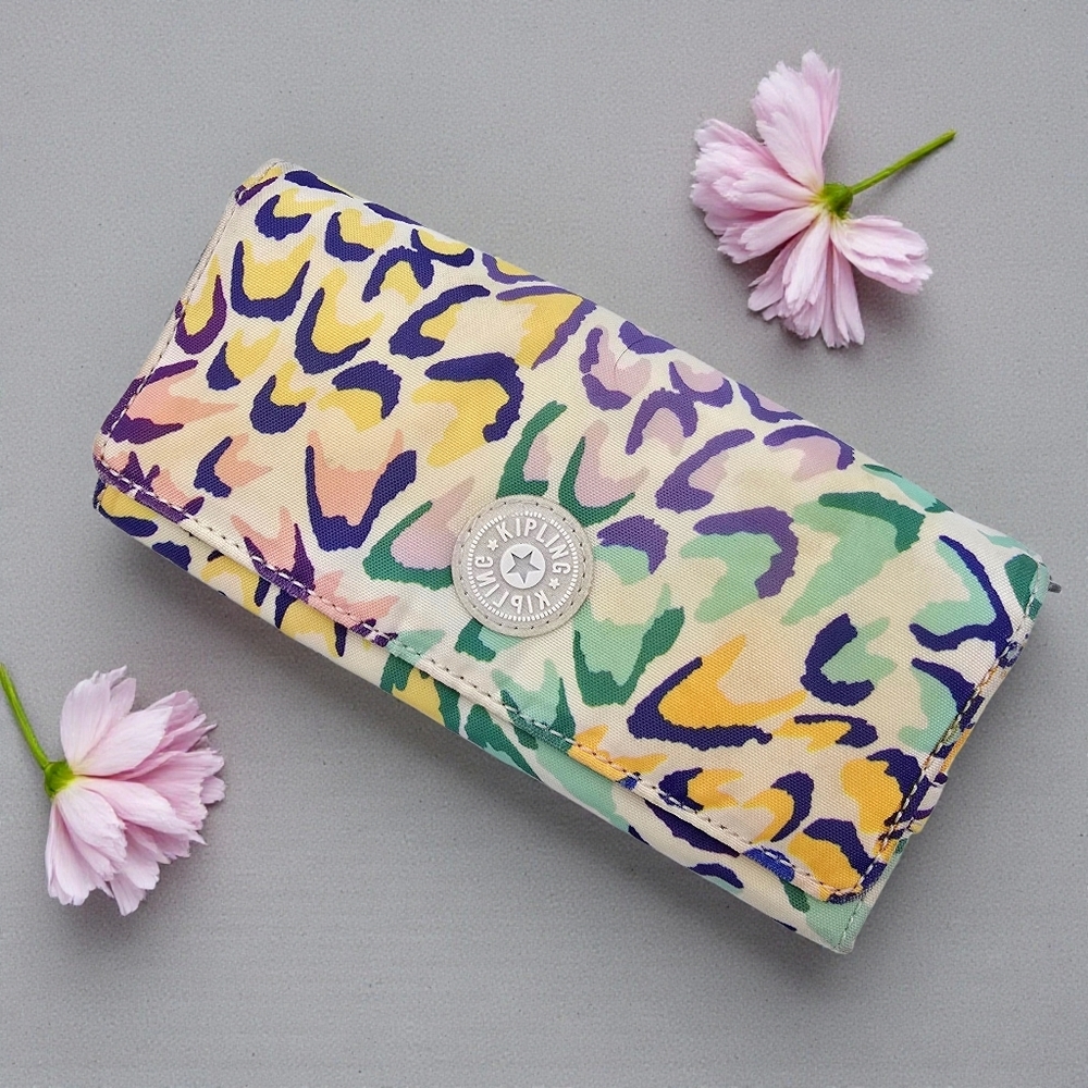 Kipling Abstract Leopard Print Tri-Fold Wallet Yellow Purple Green Multi